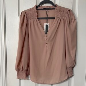 T Tahari Pink Puff Sleeve Smocked Blouse